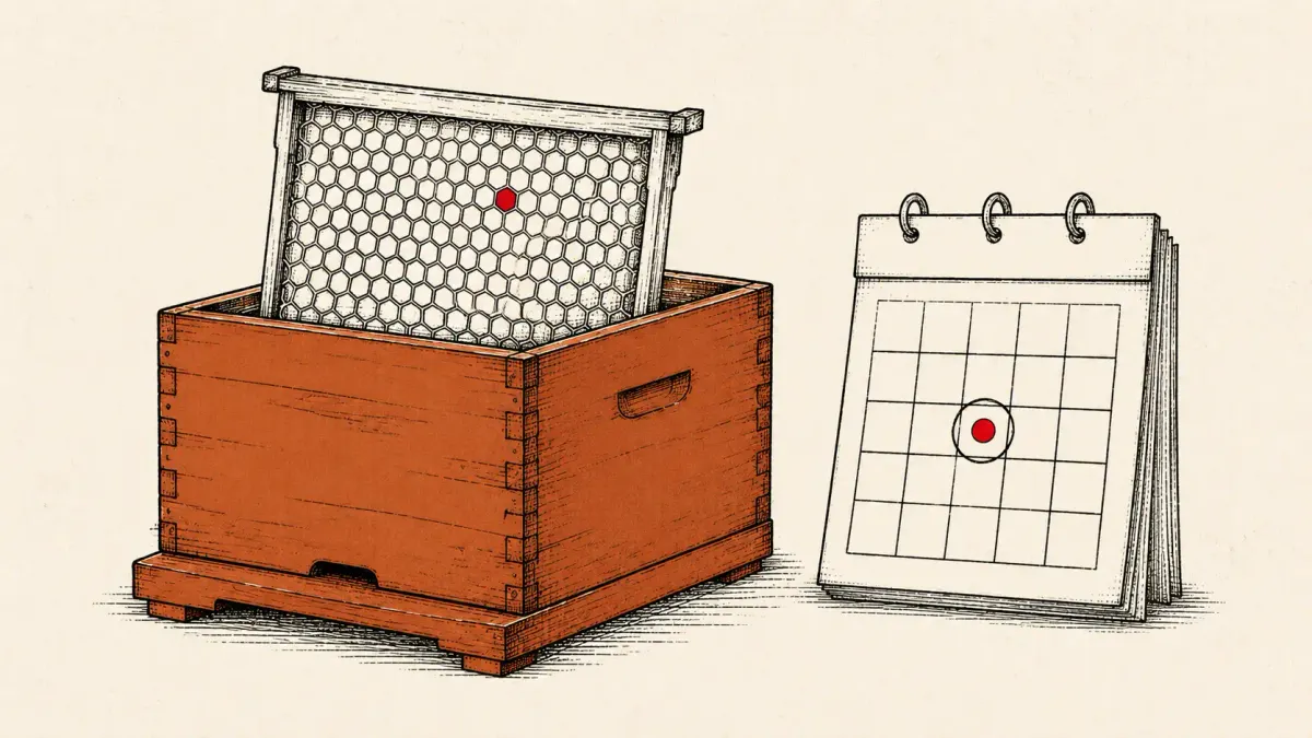 Editorial illustration of a weathered legacy beehive with a lifted honeycomb frame beside a calendar, marking the LegacyHive Windows zero-day PoC on Patch Tuesday.