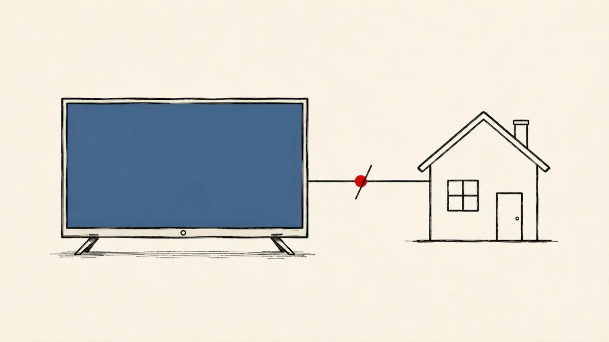 Flat white line-art of a living-room smart TV linked by a single line to a small house, with one link crossed out, on a teal background — LG residential-proxy app ban.