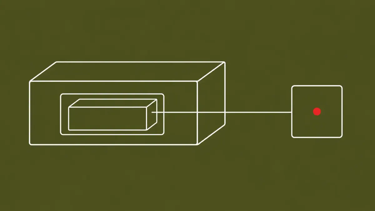 Flat white line-art of nested server boxes linked to an outer node by one line — 16-year-old Linux KVM guest-to-host escape.