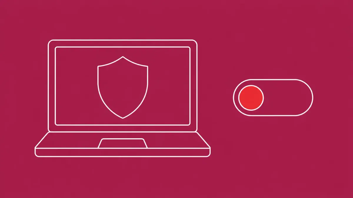 Flat white line-art of a laptop showing a shield on screen beside a large toggle switch, on a Raspberry background — macOS EDR and MDM standard-user disable research.