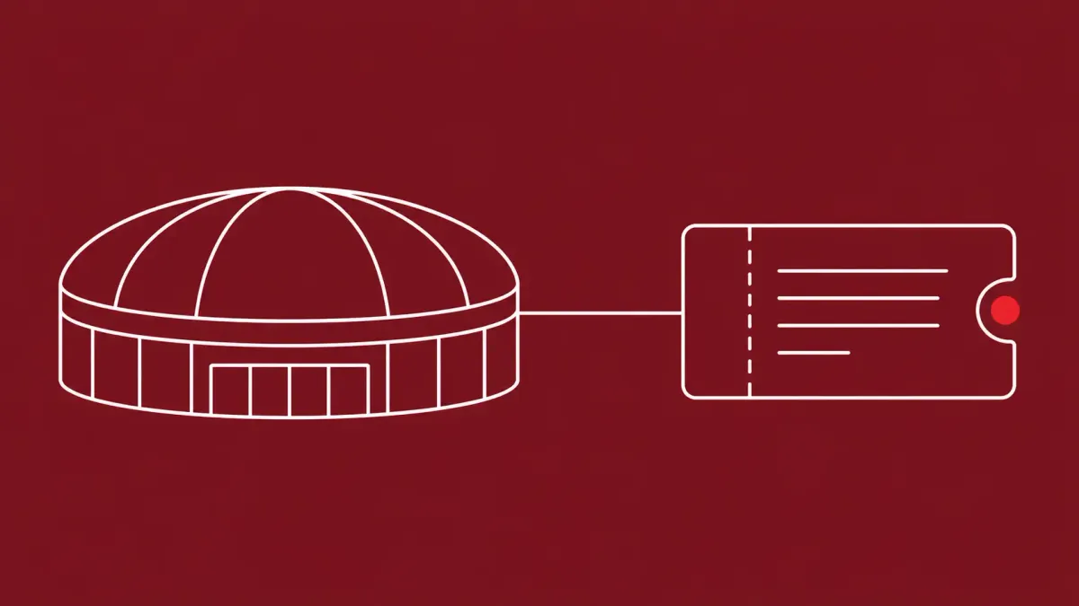 Flat white line-art of a large arena dome outline beside an open ticket form, on an Oxblood background — Madison Square Garden cyber incident disclosure.