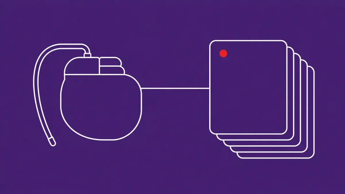 Flat white line-art of a pacemaker device beside a stack of patient record cards — Medtronic warns pacemaker patients of a health-data exposure.