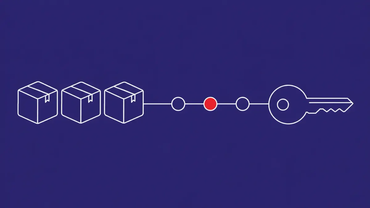 Flat white line-art of a row of package boxes feeding a pipeline of connected nodes beside a large key, on an Indigo background — Miasma npm and GitHub Actions supply-chain activity.
