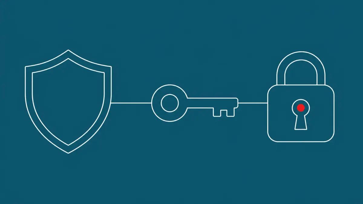 Flat white line-art of a shield beside a key being swapped into a lock — Microsoft quantum-safe guidance aligning to the 2030 federal deadline.