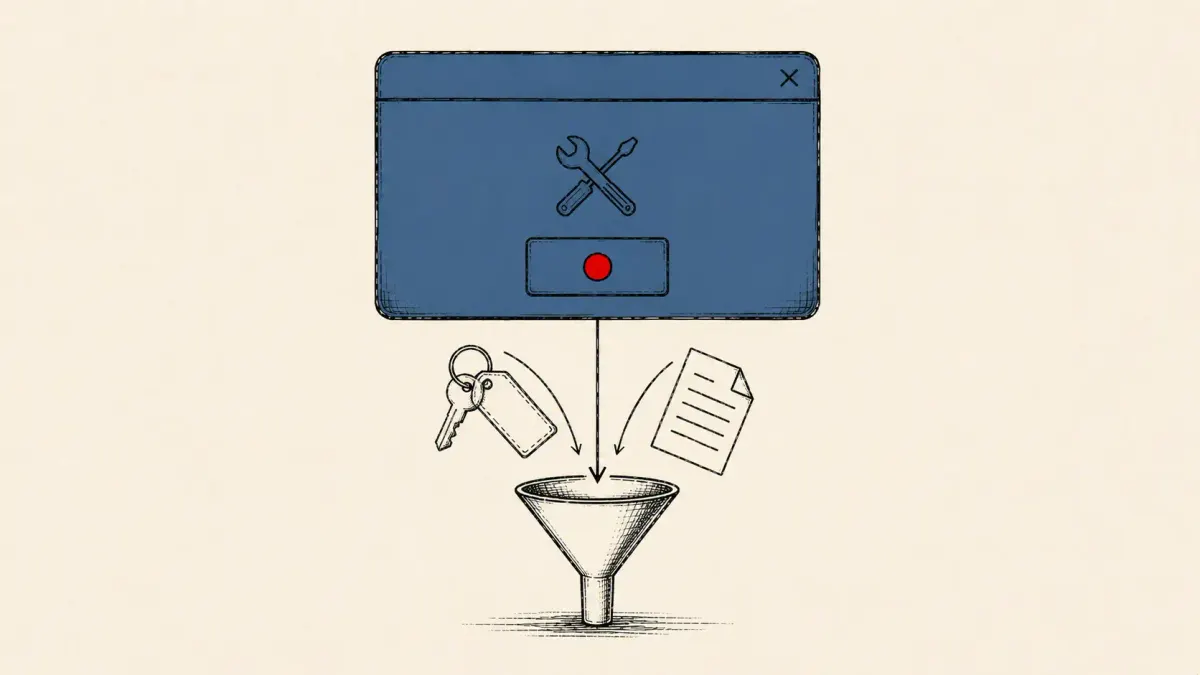 Editorial illustration of a fake fix-it prompt piping browser tokens and documents into a stealer, marking Microsoft's ACR Stealer ClickFix analysis.