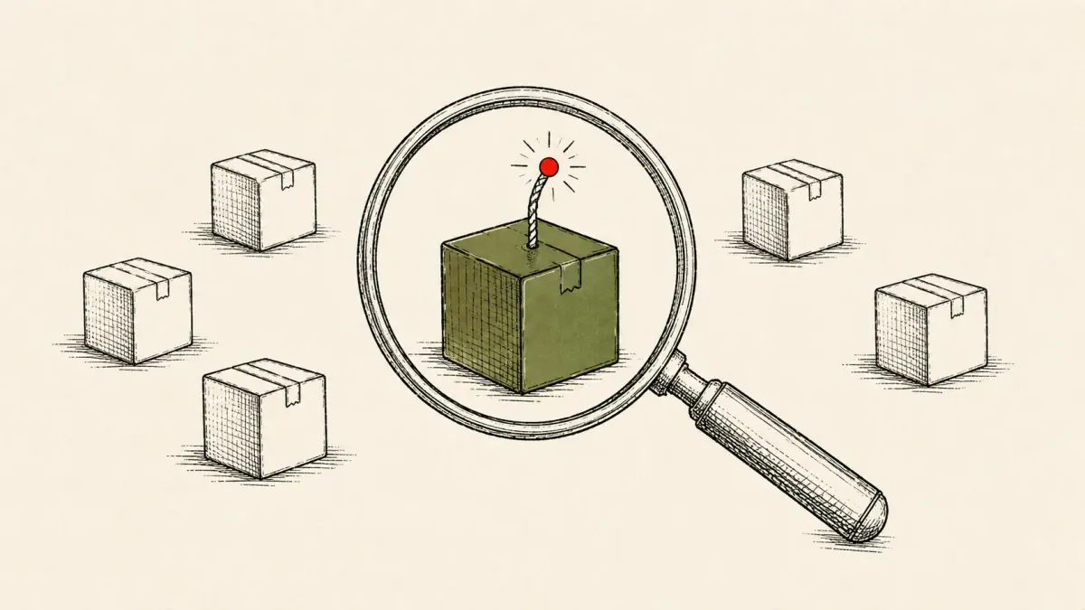 Editorial illustration of a magnifying glass over an npm package revealing an import-time fuse, marking Microsoft's deep-dive on the AsyncAPI npm compromise.