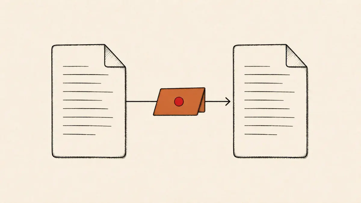 Flat white line-art of one document passing a concealed slip into a second document, on a teal background — Microsoft Copilot for Word "Word worm."