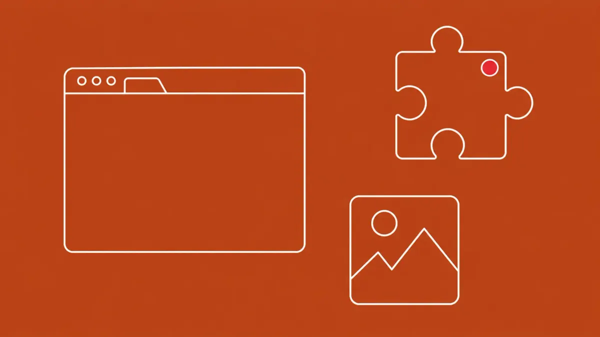 Flat white line-art of a browser window, an extension puzzle piece and an image tile on a Terracotta background — Microsoft removes 119 Edge extensions.