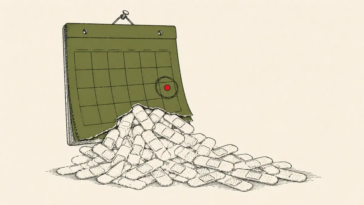 Editorial illustration of a calendar page overflowing with adhesive-bandage patches, marking Microsoft's record 622-CVE July 2026 Patch Tuesday.