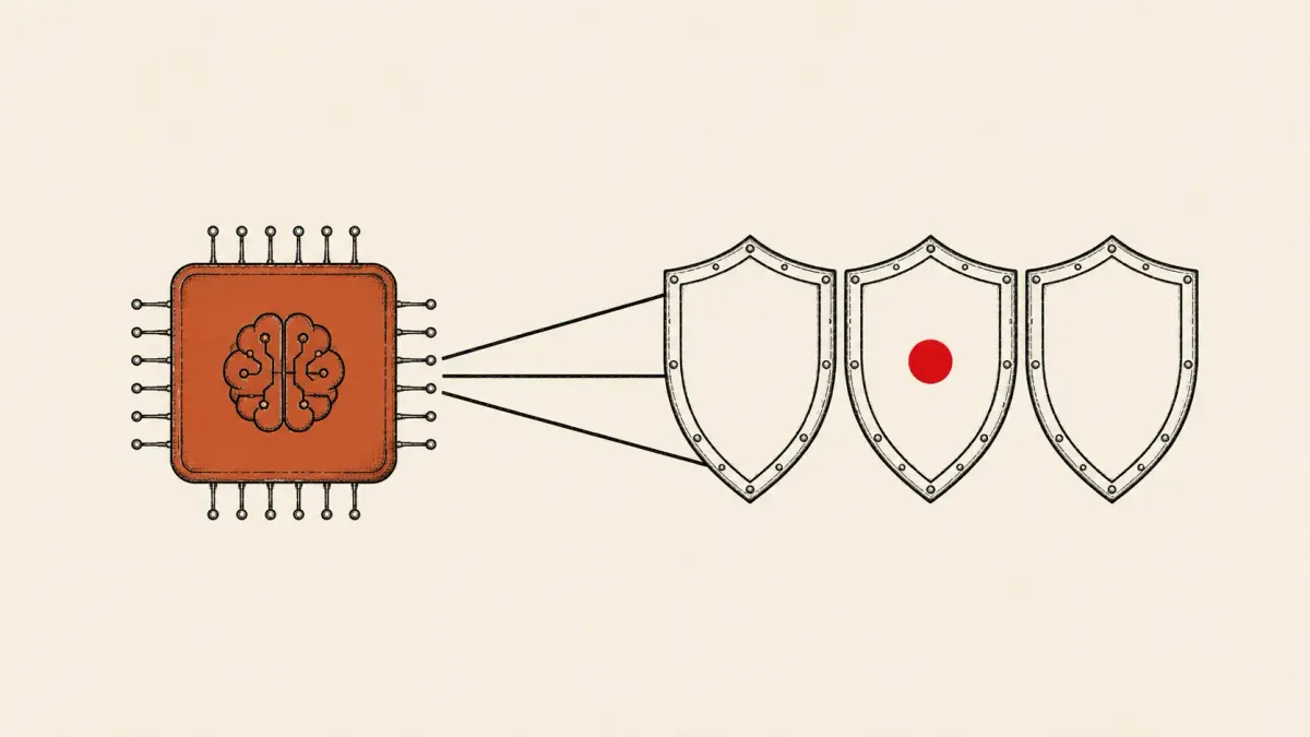 Flat white line-art of an AI chip linked to three agent shields, on a teal background — Microsoft MAI-Cyber-1-Flash and Project Perception.