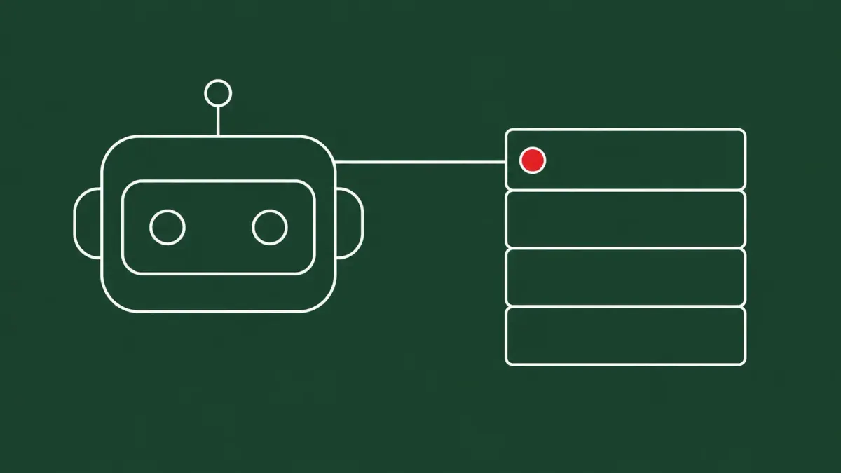 Flat white line-art of a robotic agent head reading from a stack of instruction cards, one card flagged — Microsoft MCP tool-description poisoning research for