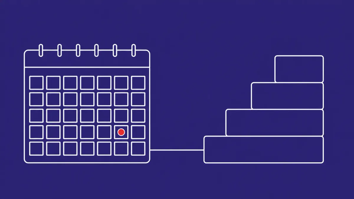 Flat white line-art of a calendar page beside a growing stack of update tiles — Microsoft Patch Tuesday and AI-driven discovery.
