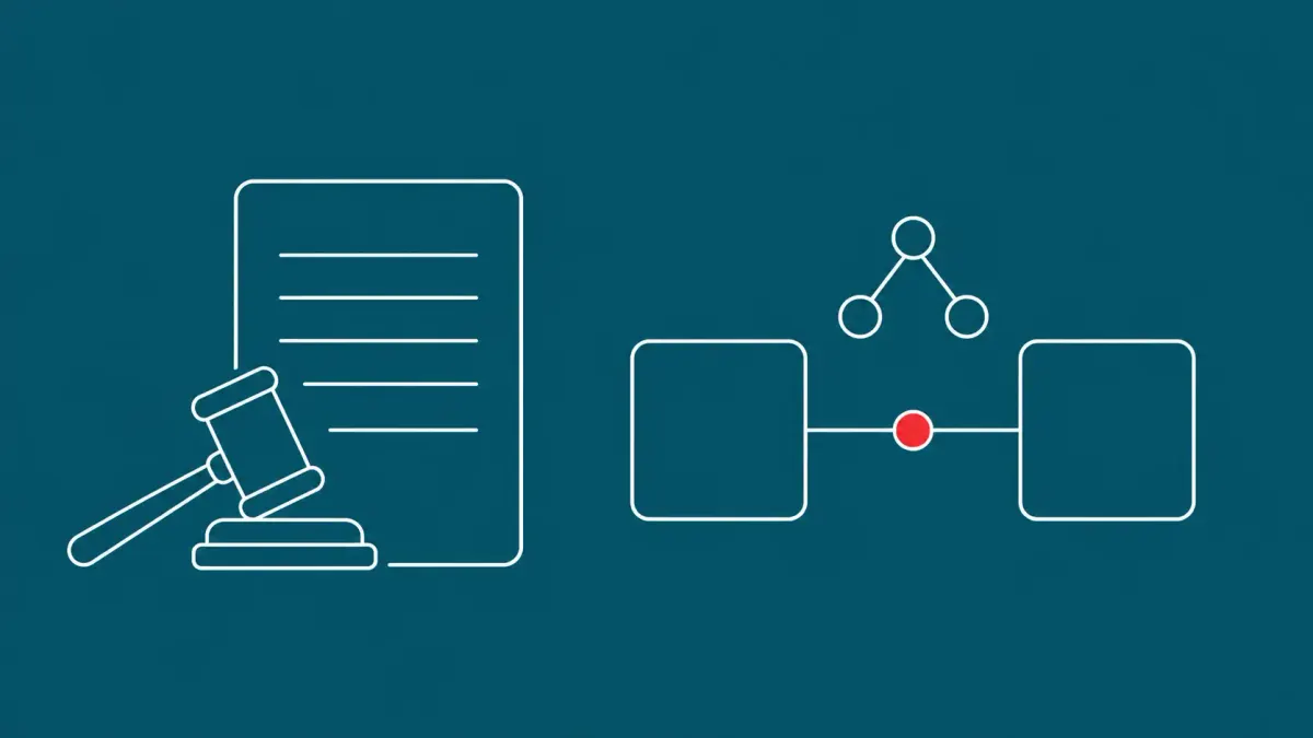 Flat white line-art of a legal document, gavel and two linked boxes, on a Peacock background — Microsoft racketeering suit linking Amadey and StealC via AI.