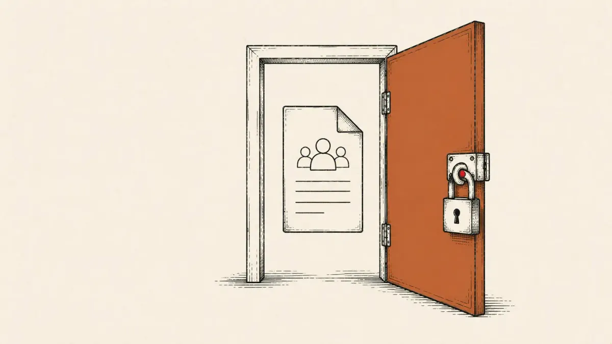 Editorial illustration of an open door with its padlock still closed, representing a SharePoint JWT authentication bypass patched by Microsoft.