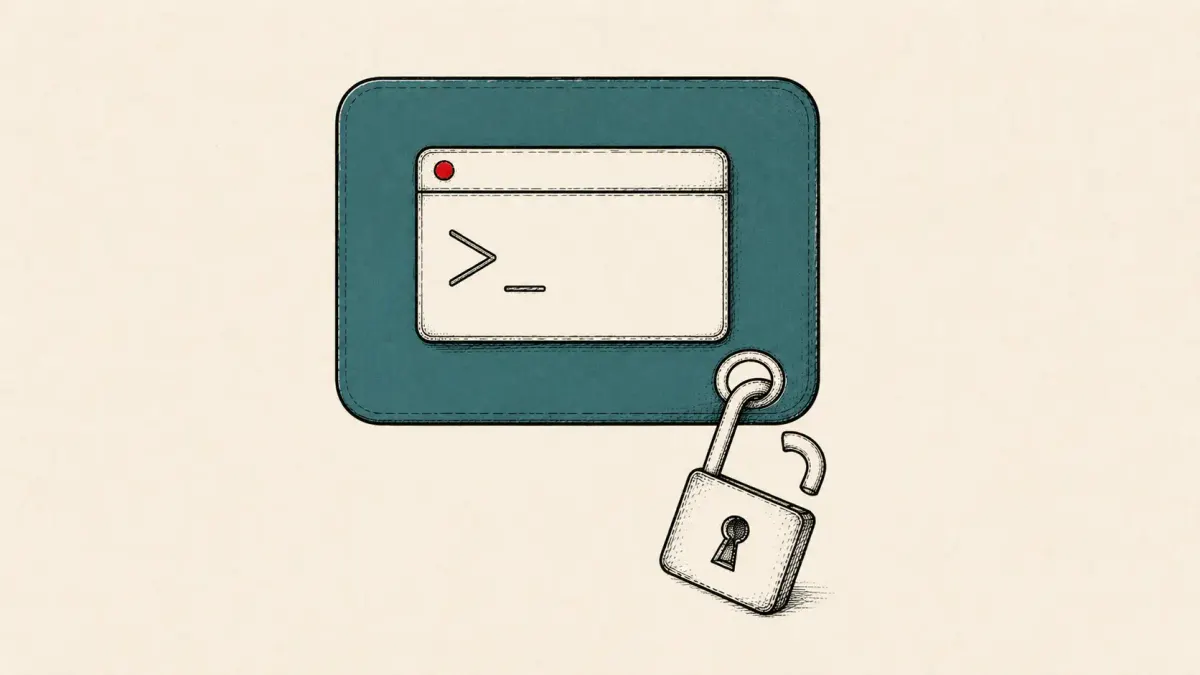 Flat white line-art of an open padlock beside a terminal window inside a workflow node, on a teal background — the n8n expression-sandbox escape.
