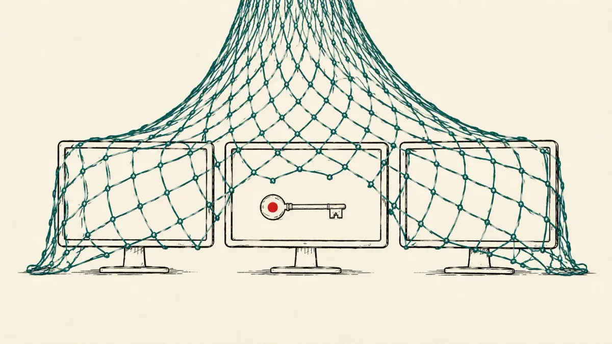 Editorial illustration of a mesh net trawling exposed AI service panels for key tags, marking the NadMesh Go botnet hunting cloud keys and Kubernetes tokens.
