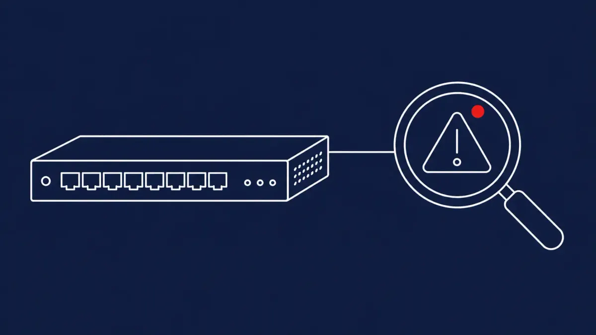 Flat white line-art of a network appliance beside a magnifying lens over a warning sign — NetScaler CVE-2026-8451 under attack.
