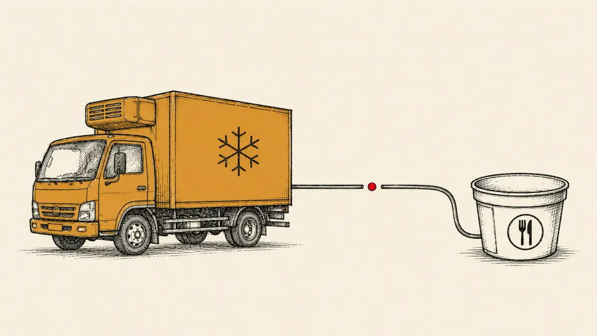 Editorial illustration of a refrigerated truck with a cut cold-chain line and an empty food bucket, marking the Nichirei attack that disrupted KFC Japan.