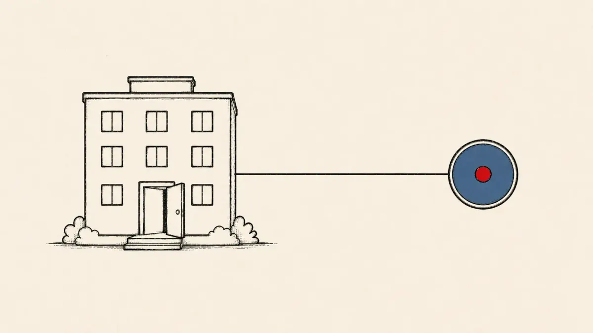 Flat white line-art of an open back door linked by one line to a distant relay node, on a teal background — the NightLedger backdoor.