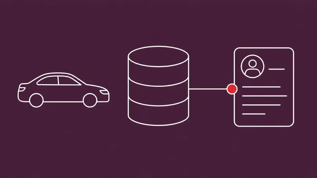 Flat white line-art of a car silhouette beside a database cylinder and an employee record card, on an Aubergine background — Nissan employee data breach linked to Oracle PeopleSoft zero-day.
