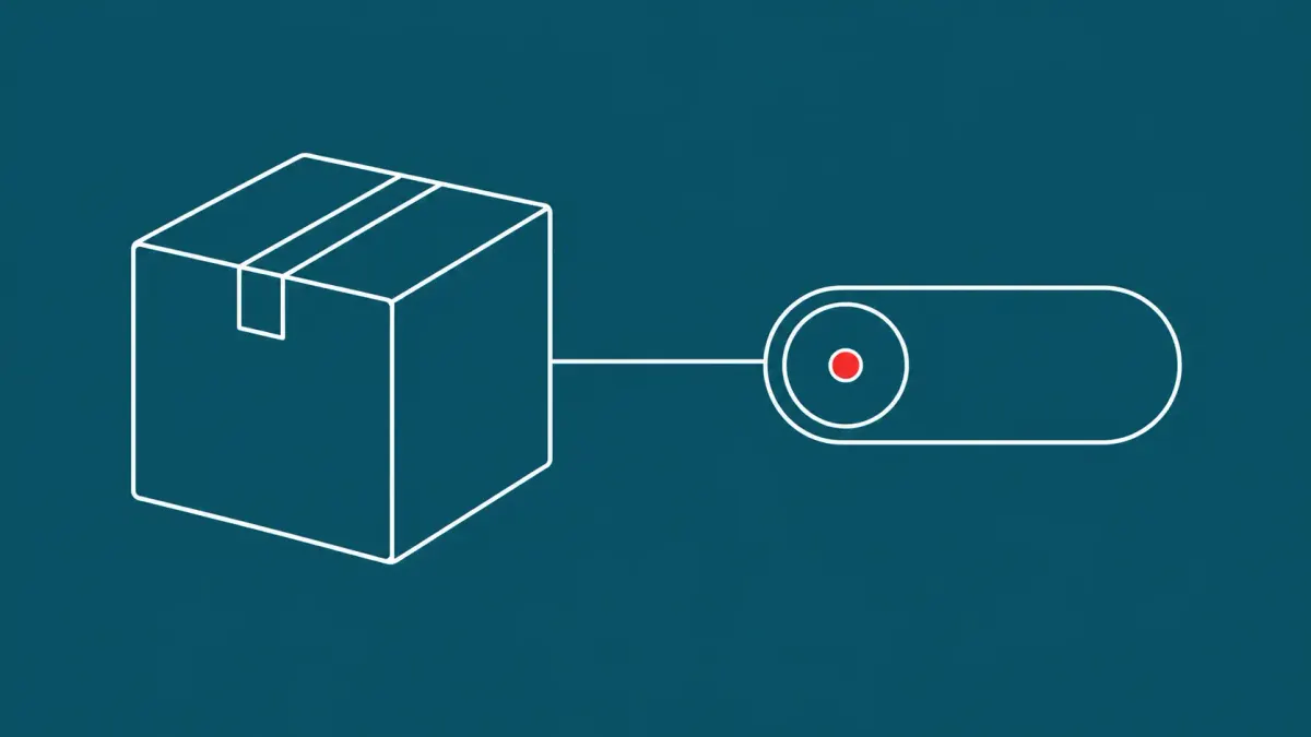 Flat white line-art of a package box beside a large toggle switch flipped to off — npm 12 disables install scripts by default.