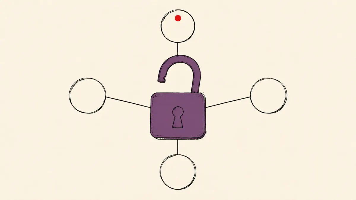 Flat white line-art of several company nodes joined in a ring around one open padlock, on a teal background — the Open Secure AI Alliance.
