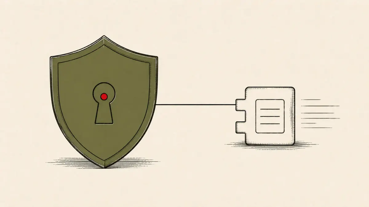 Flat white line-art of a shield-shaped identity badge joined by a smaller module, on a teal background — Okta's acquisition of Permiso Security.