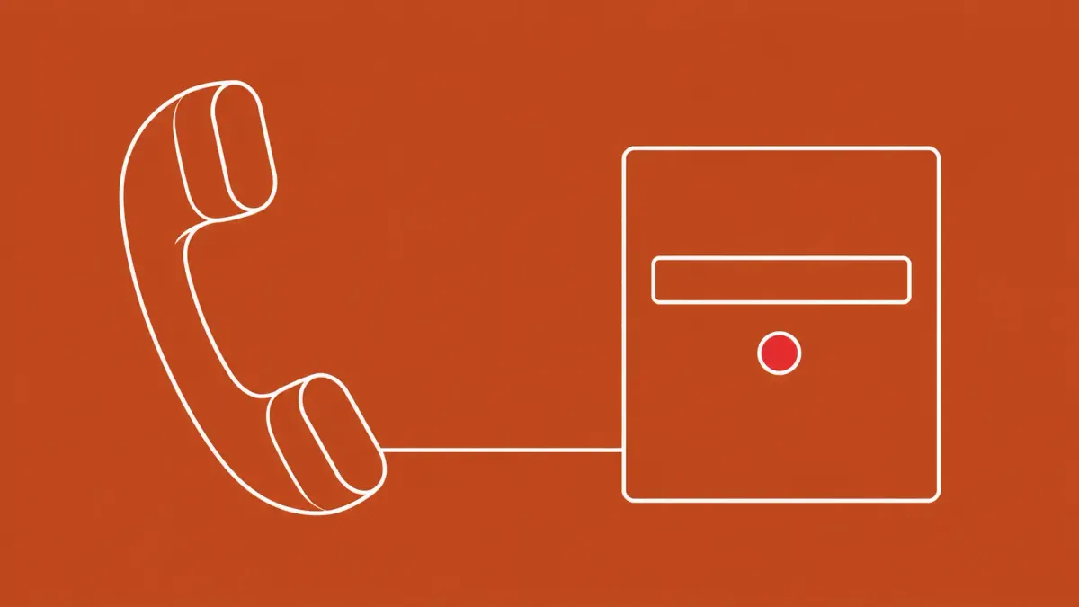 Flat white line-art of a telephone handset beside a login window — Okta warns of vishing targeting Microsoft 365 customers.