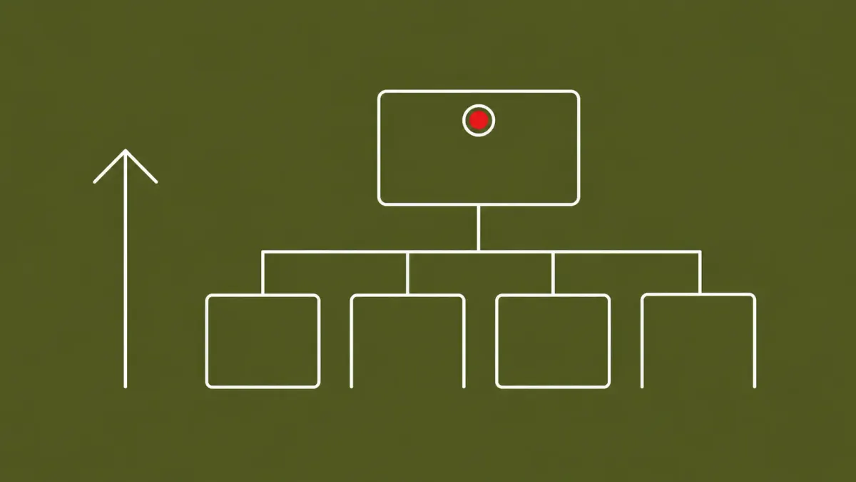 Flat white line-art of a partially staffed org chart with empty seats beginning to refill — a policy signal on re-staffing CISA.