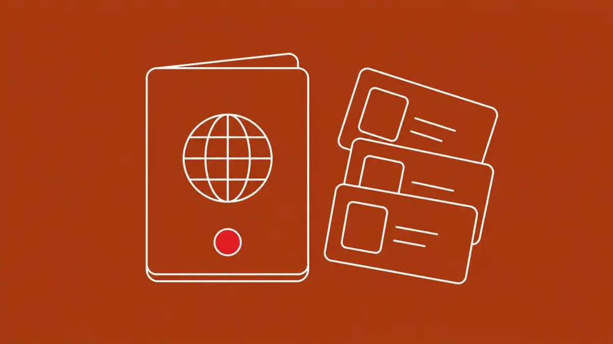 Flat white line-art of a passport booklet beside a few scattered ID cards, on a Brick Rust background — one million passport records reported leaked online.