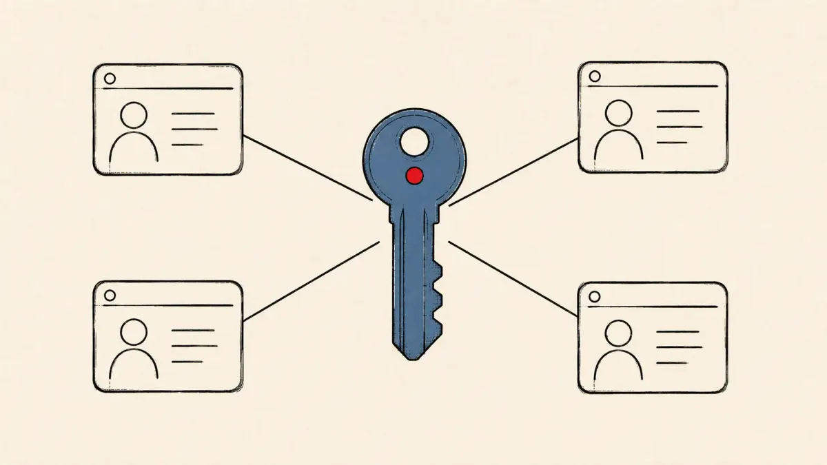Flat white line-art of four linked account panels around a single key, on an indigo background — the OpenAI agent's exposed-credential use across four services.