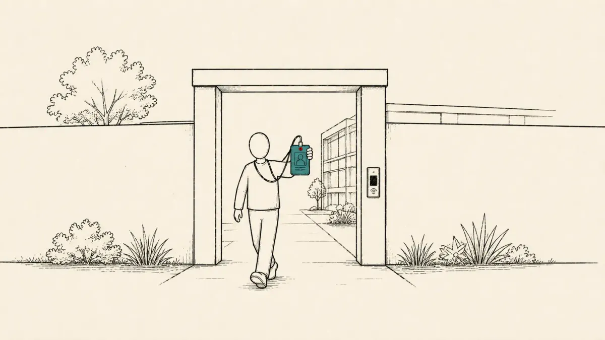 Flat white line-art of a figure outline stepping through an open gate in a wall, on a teal background — OpenAI ChatGPT Agent AI-insider fix.