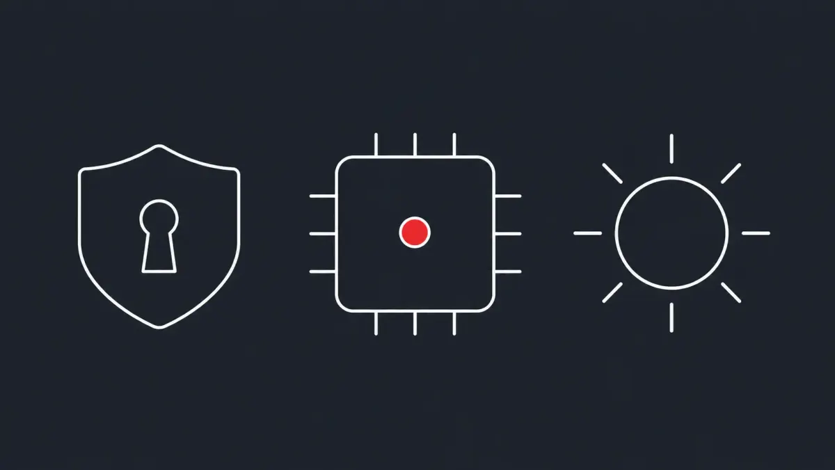 Flat white line-art of an AI-core chip square beside a shield and a simple sun motif, on a Charcoal background — OpenAI GPT-5.6 Sol restricted-access cyber-safeguards preview.