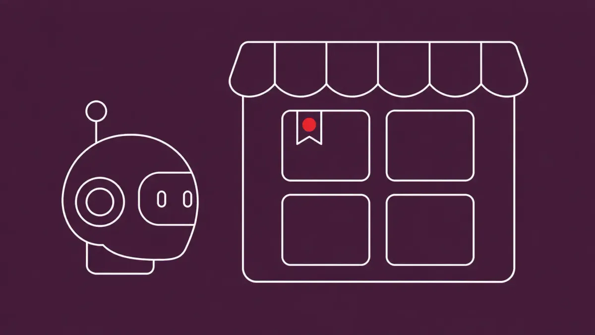 Flat white line-art of a marketplace storefront with a grid of skill tiles and an agent head outline, on an Aubergine background — OpenClaw AI coding agent skill-marketplace risks.