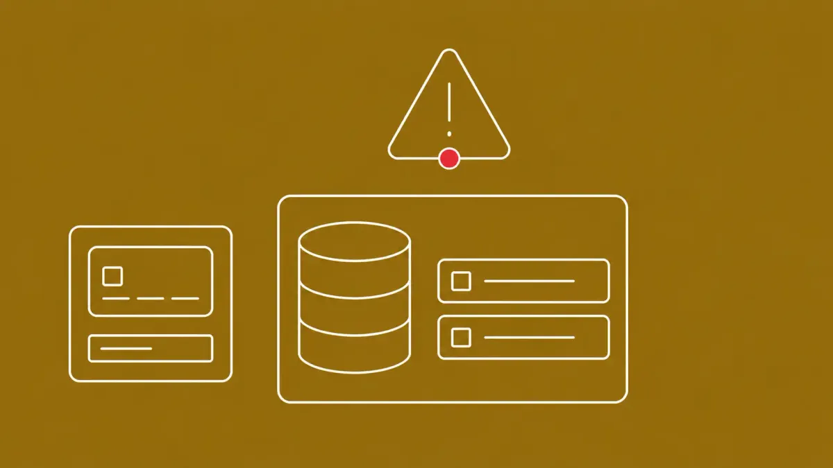 Flat white line-art of an ERP panel, a payment-card form and an alert triangle, on an Antique Gold background — Oracle EBS Payments CVE-2026-46817.