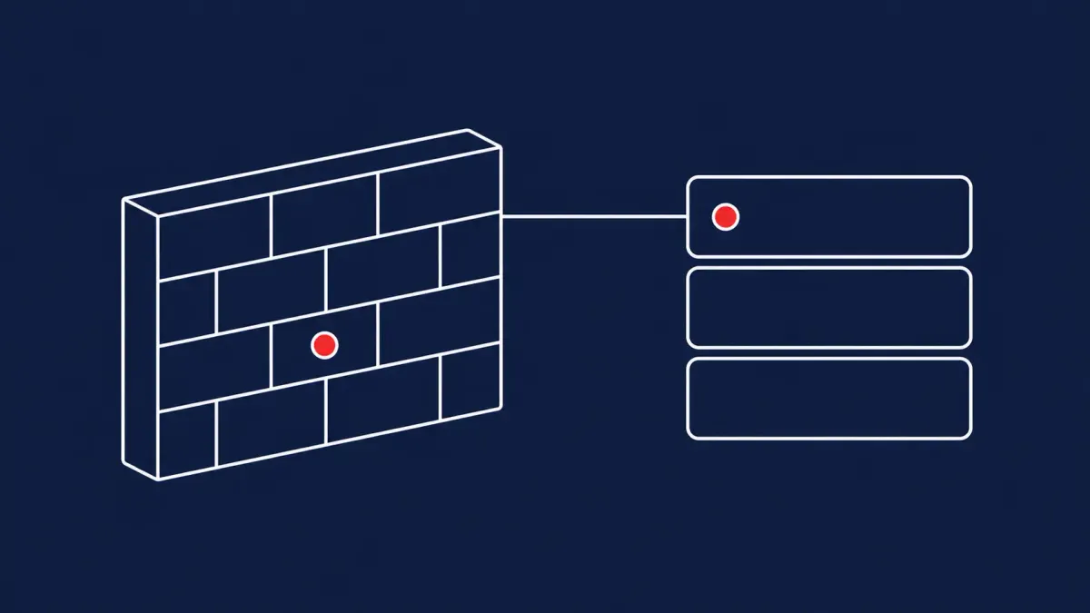 Flat white line-art of a firewall wall panel beside a stack of patch tiles — Palo Alto Networks patches 13 vulnerabilities.