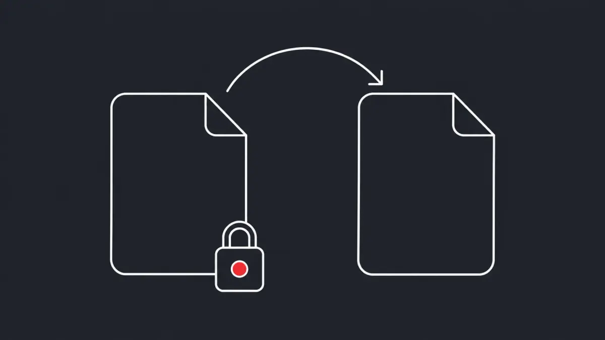 Flat white line-art of a duplicated file with a copy arrow and a small padlock, on a Charcoal background — pedit COW Linux cached-binary disclosure.