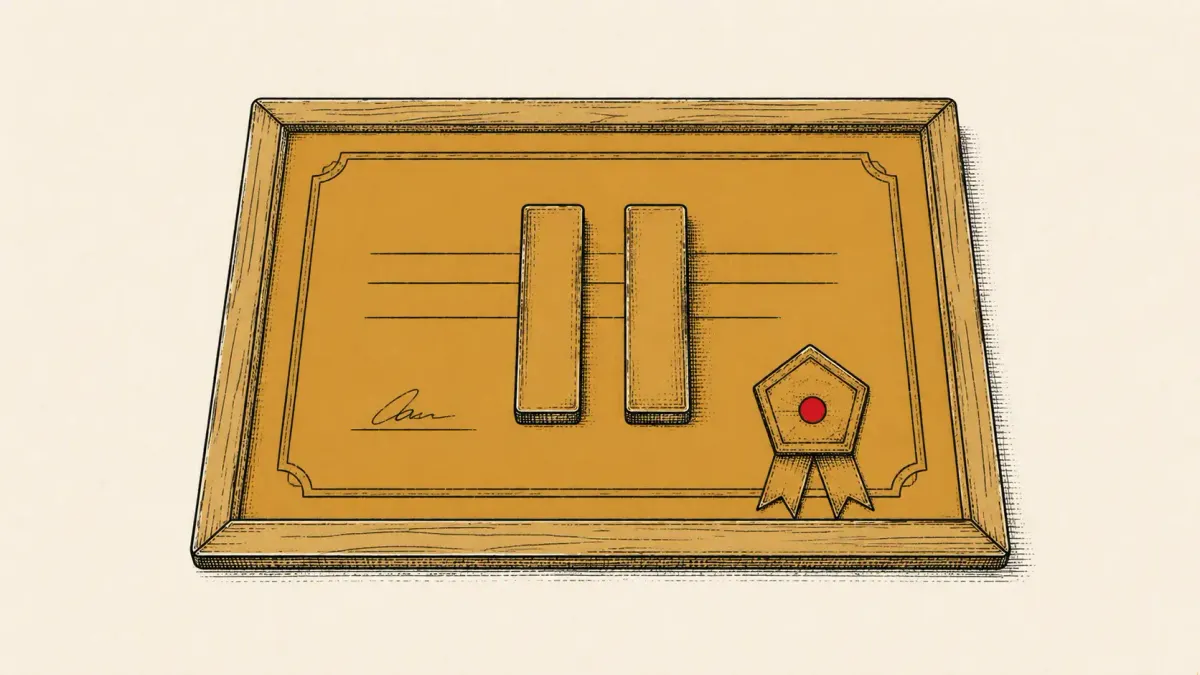 Editorial illustration of a framed certificate with a pentagon seal and a pause symbol, marking the Pentagon's suspension of CMMC Phase 2 requirements.