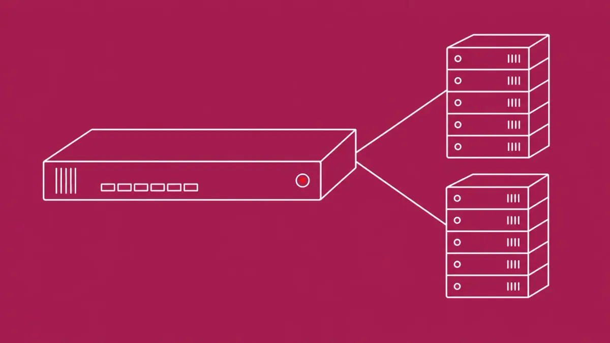 Flat white line-art of a load-balancer appliance routing two lines to server stacks — Progress Kemp LoadMaster CVE-2026-8037 advisory.