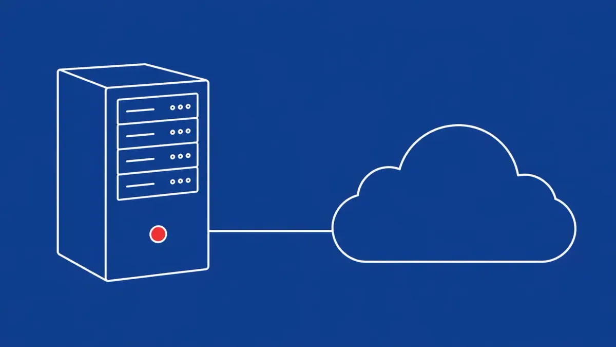 Flat white line-art of a server tower powered off beside a cloud panel — Progress ShareFile Storage Zone Controllers shutdown.