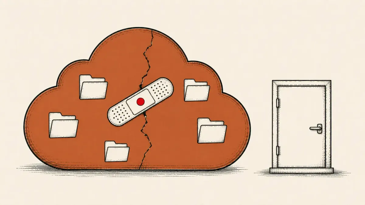 Editorial illustration of a file-share cloud with a closed door and a fresh patch over a sealed crack, marking Progress's confirmed ShareFile zero-day fix.