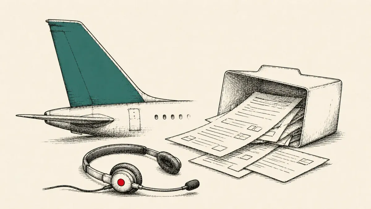 Editorial illustration of an airplane tail beside a spilling records folder and a headset, marking the Qantas breach of 5.7 million from a tech-support scam.