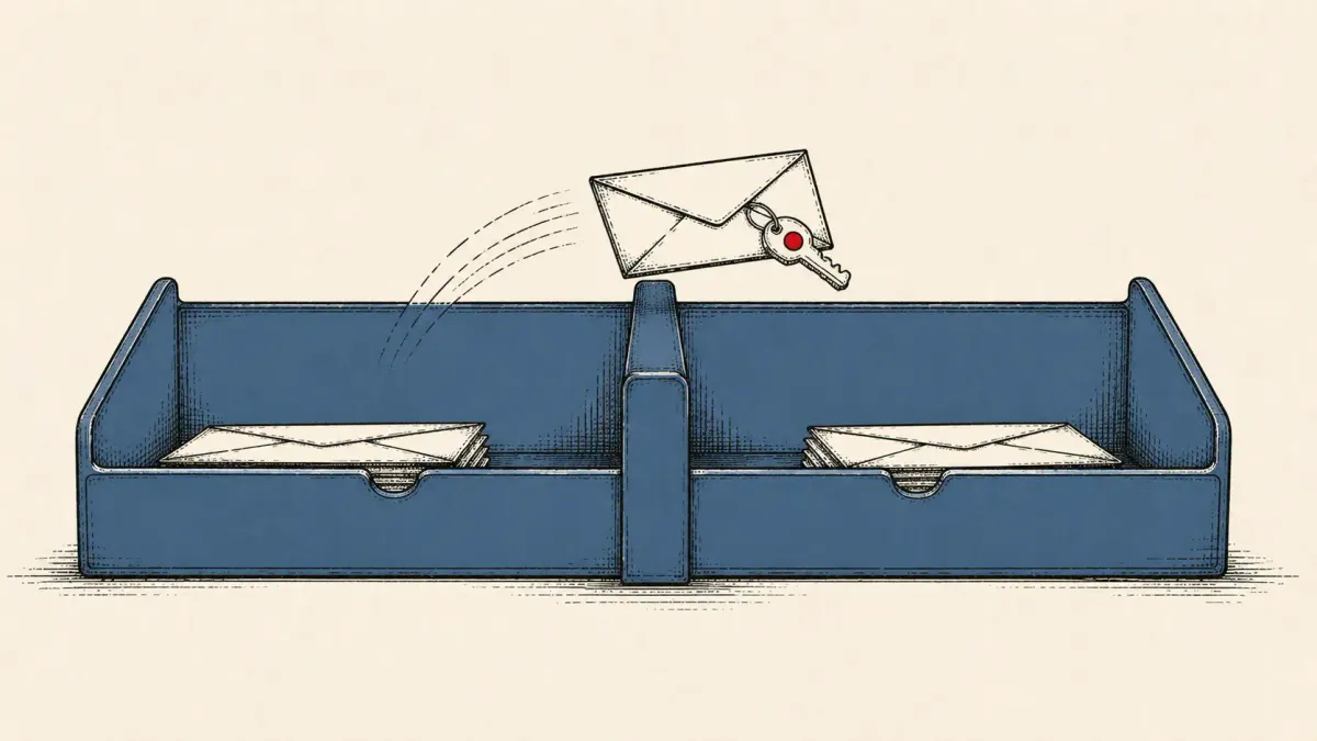 Editorial illustration of an envelope crossing between two mailboxes with a key tag, representing RabbitMQ OAuth and cross-tenant metadata flaws.