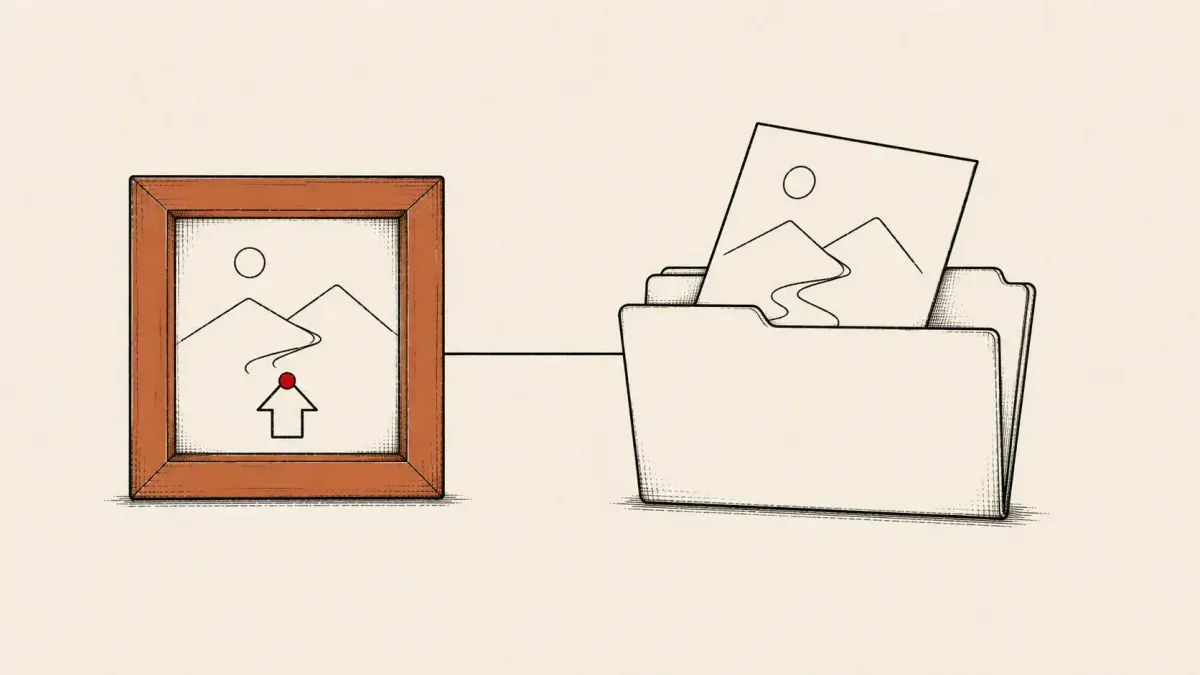 Flat white line-art of an upload arrow feeding a large folder that opens to a key, on a crimson background — the Rails KindaRails2Shell file-read flaw.