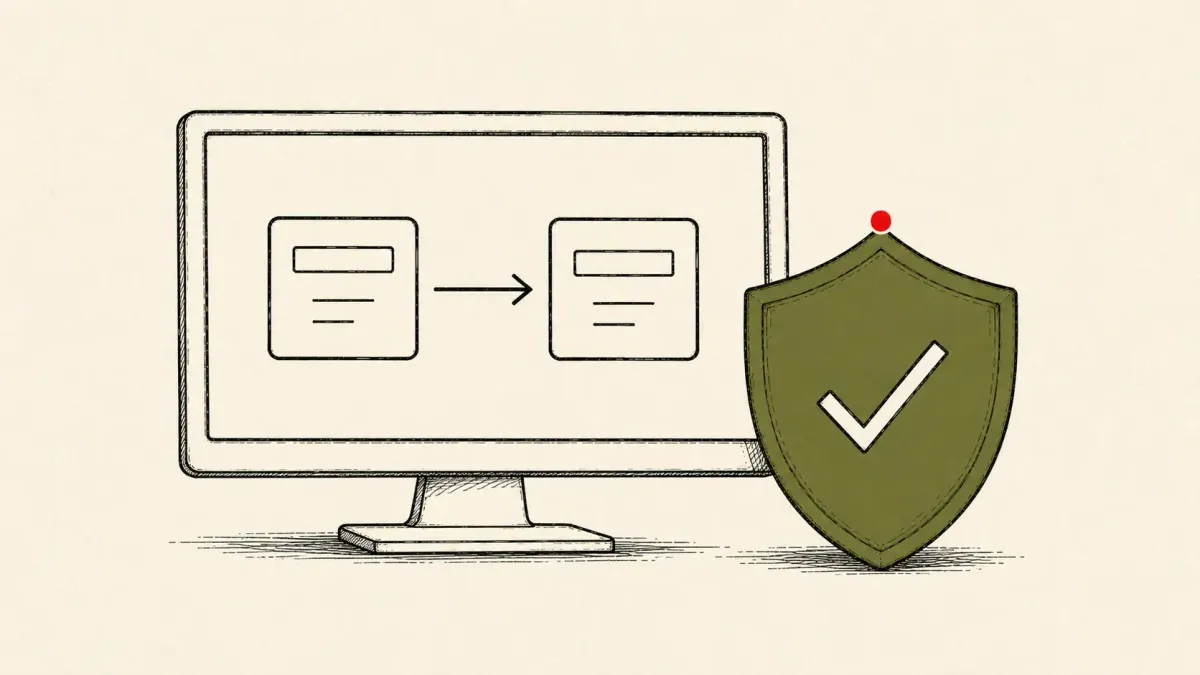 Flat white line-art of a monitor showing a simulation flow model beside a shield, on a teal background — Rockwell Arena Simulation code-execution patches.