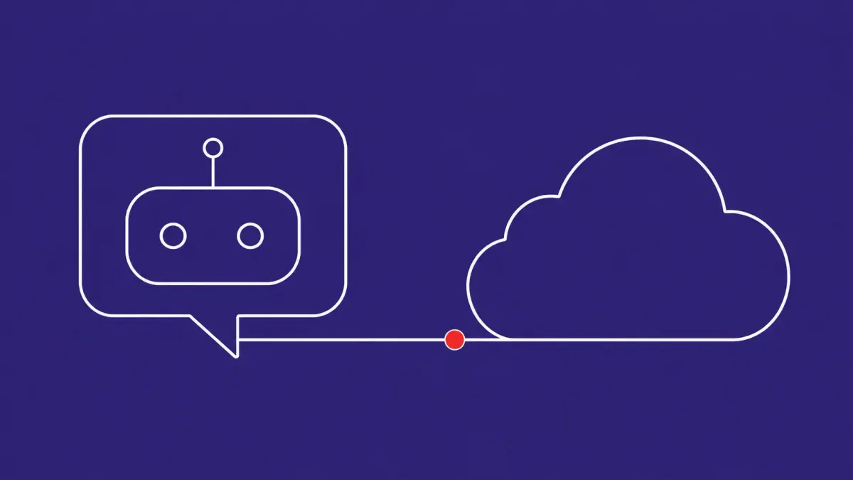 Flat white line-art of a single large chatbot speech bubble linked to a cloud outline — Google Dialogflow CX "Rogue Agent" vulnerability disclosure.