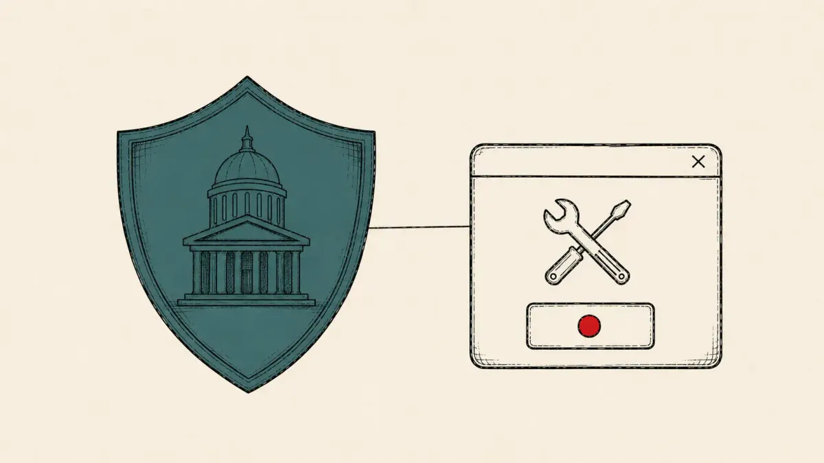 Editorial illustration of a state-emblem shield adopting a fake fix-it prompt, marking Ars Technica's report of Russia's Sandworm cluster using ClickFix.