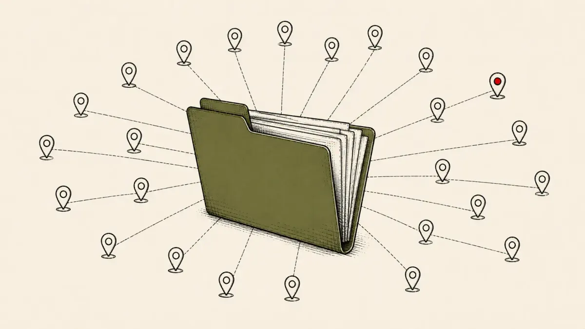 Editorial illustration of a case folder fanning into many attack markers, marking US authorities attributing 120-plus attacks to Scattered Spider's Thalha Jubair.