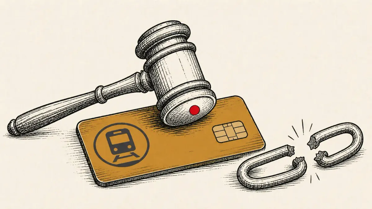 Editorial illustration of a judge's gavel resting on a transit farecard, marking two Scattered Spider members jailed for the £29M Transport for London attack.