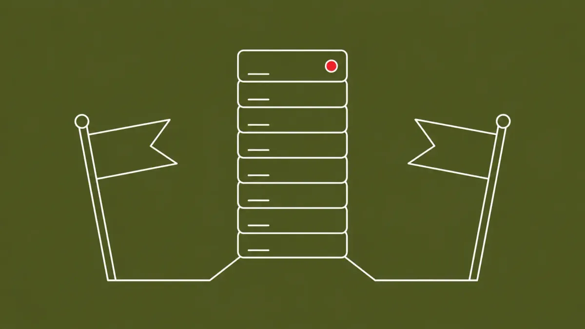 Flat white line-art of two pennant flags converging, with one flat red dot.